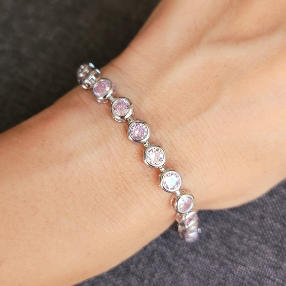 New 925 Silver Round Cut Pink Sapphire Bezel Setting Bracelet Women Extender - Picture 2 of 10